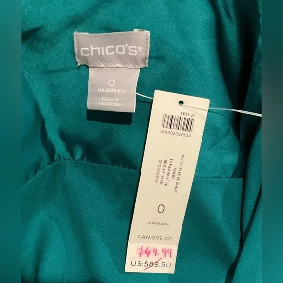 Chicos Satin Pleat Sleeve Shirt Button Up Blouse Bright Jade Green Sz 0 (S) NWT - Picture 7 of 9